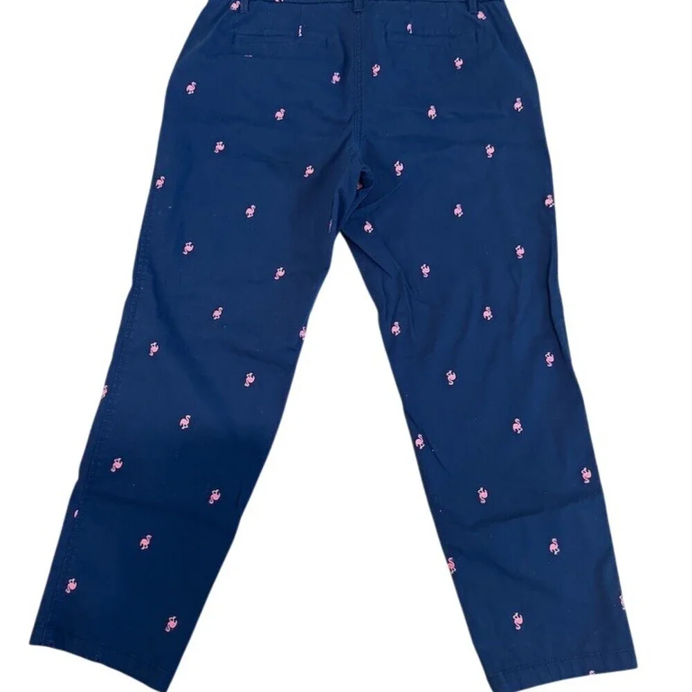 Talbots Relaxed Chino Pants Womens 8P Navy Flamingo Embroidered Crop - Picture 1 of 8